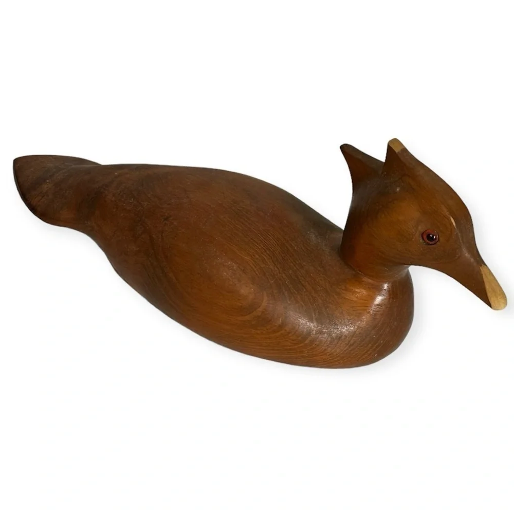 12.5” Wooden Carved Duck Decoy Brown Stripped Wood